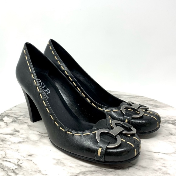 RSVP Shoes - RSVP Collection Contrast Stitch Buckle hardware black leather pumps 9 classic